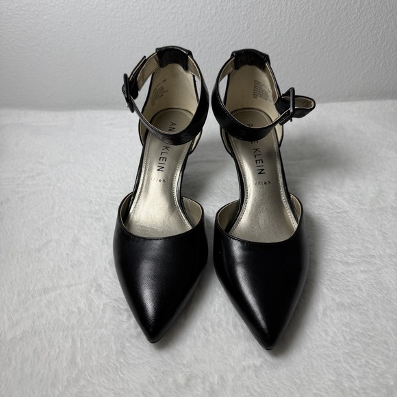 Anne Klein Fabulist Pointed Toe Pump Black Leather Size 7 M Mid Heels Shoes - Picture 2 of 8